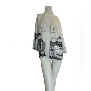 White and Gray Wave Print Kimono Jacket
